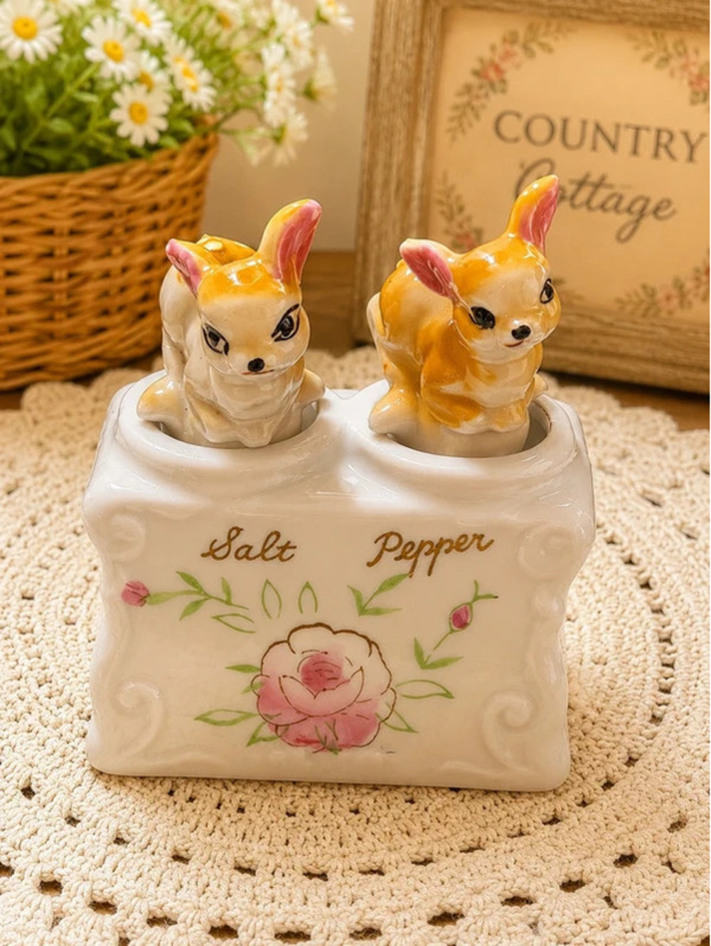Vintage Bunny Rabbit Salt & Pepper Shaker Set with Holder – Ceramic Cottagecore